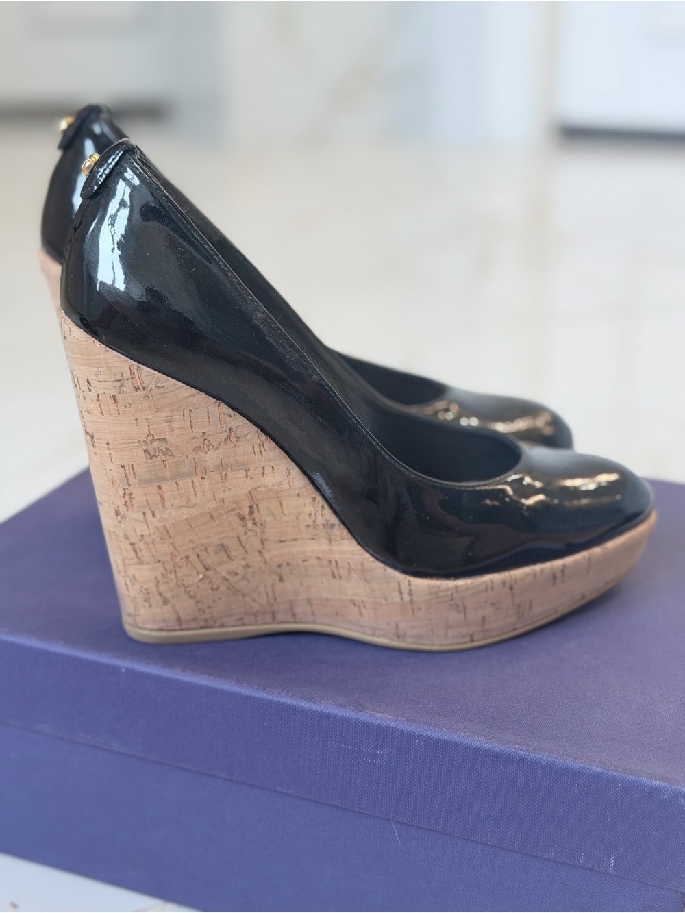 Stewart Weitzman Patent Black Cork Wedge Pumps size 7